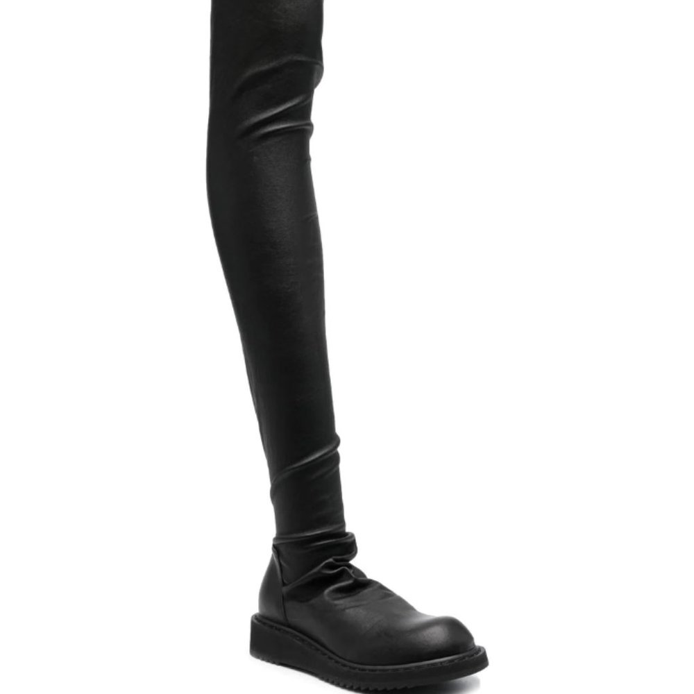 RICK OWENS CREEPERS THIGH BOOTS PULL ON STRETCH BLACK LEATHER 38